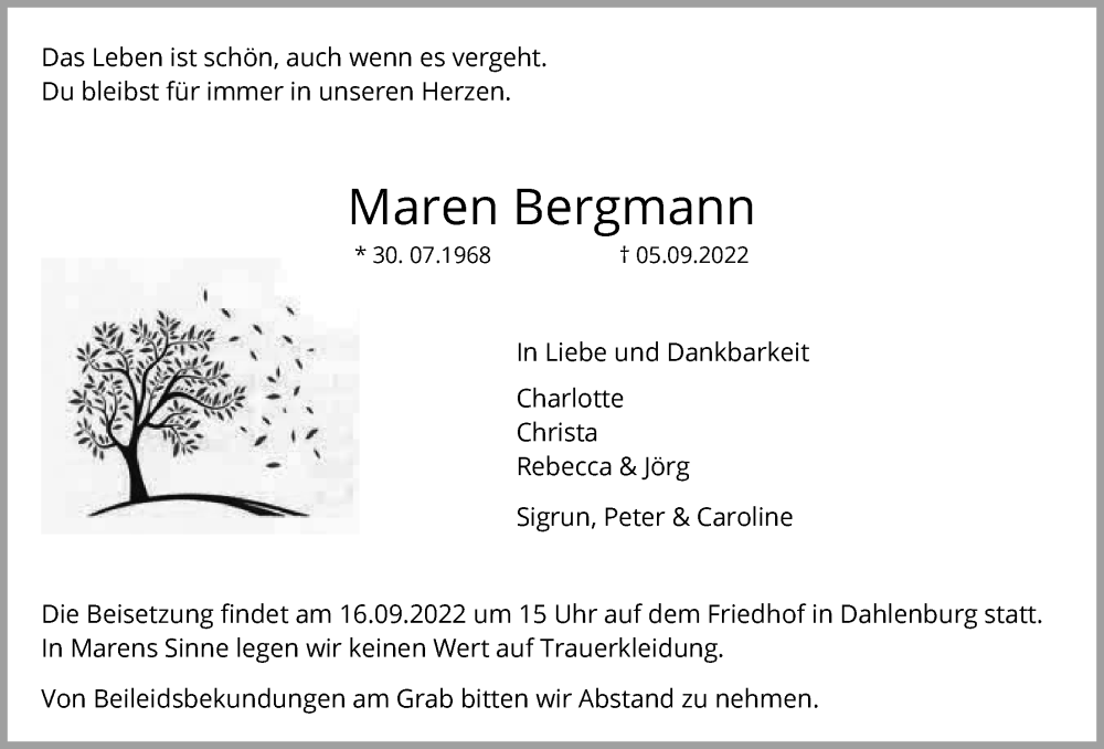  Traueranzeige für Maren Bergmann vom 10.09.2022 aus LZ