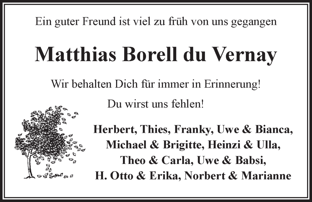  Traueranzeige für Matthias  Borell du Vernay vom 03.09.2022 aus LZ