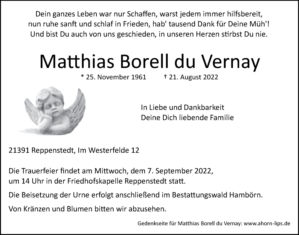  Traueranzeige für Matthias  Borell du Vernay vom 03.09.2022 aus LZ