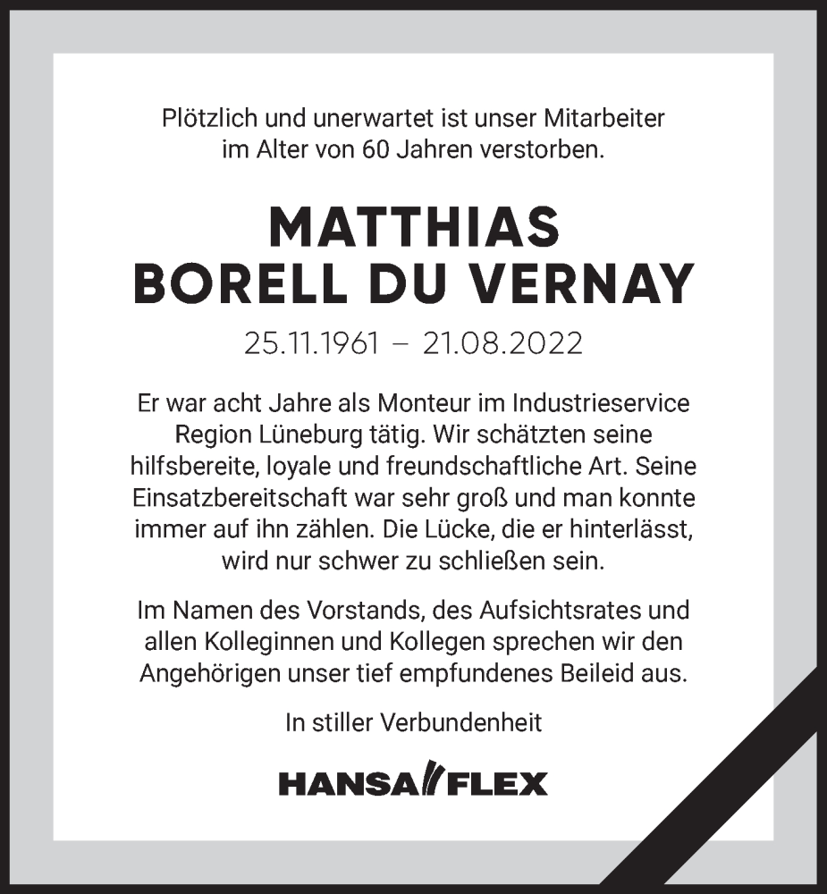 Traueranzeige für Matthias  Borell du Vernay vom 03.09.2022 aus LZ