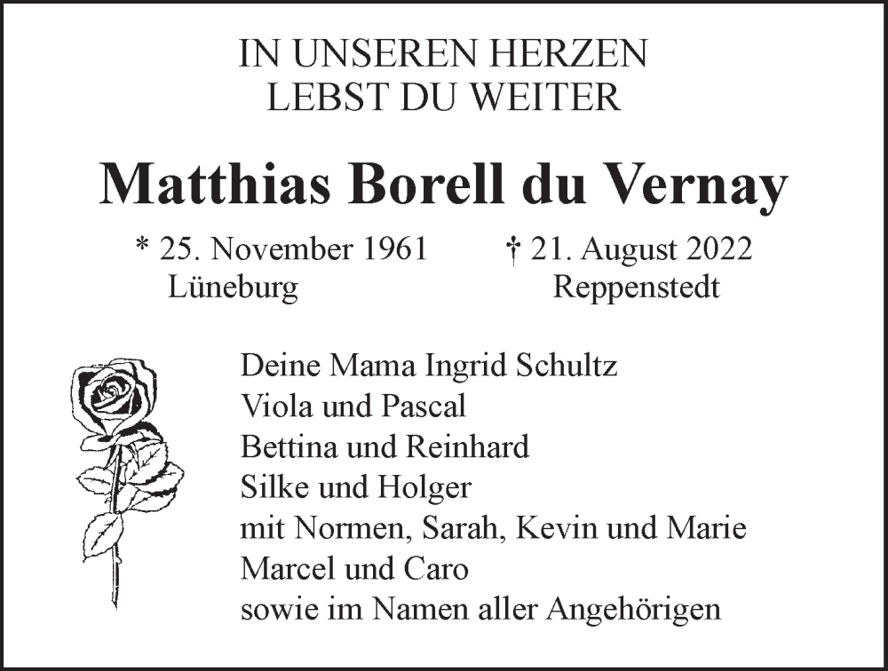  Traueranzeige für Matthias  Borell du Vernay vom 03.09.2022 aus LZ