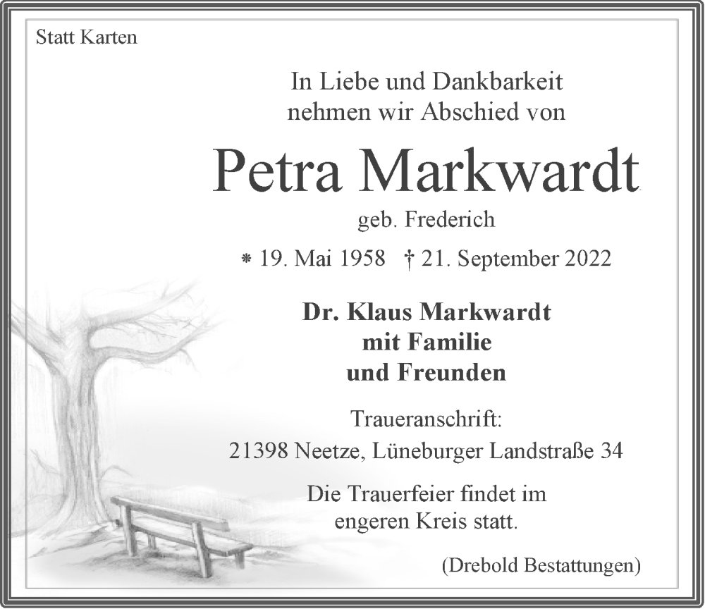  Traueranzeige für Petra Markwardt vom 24.09.2022 aus LZ