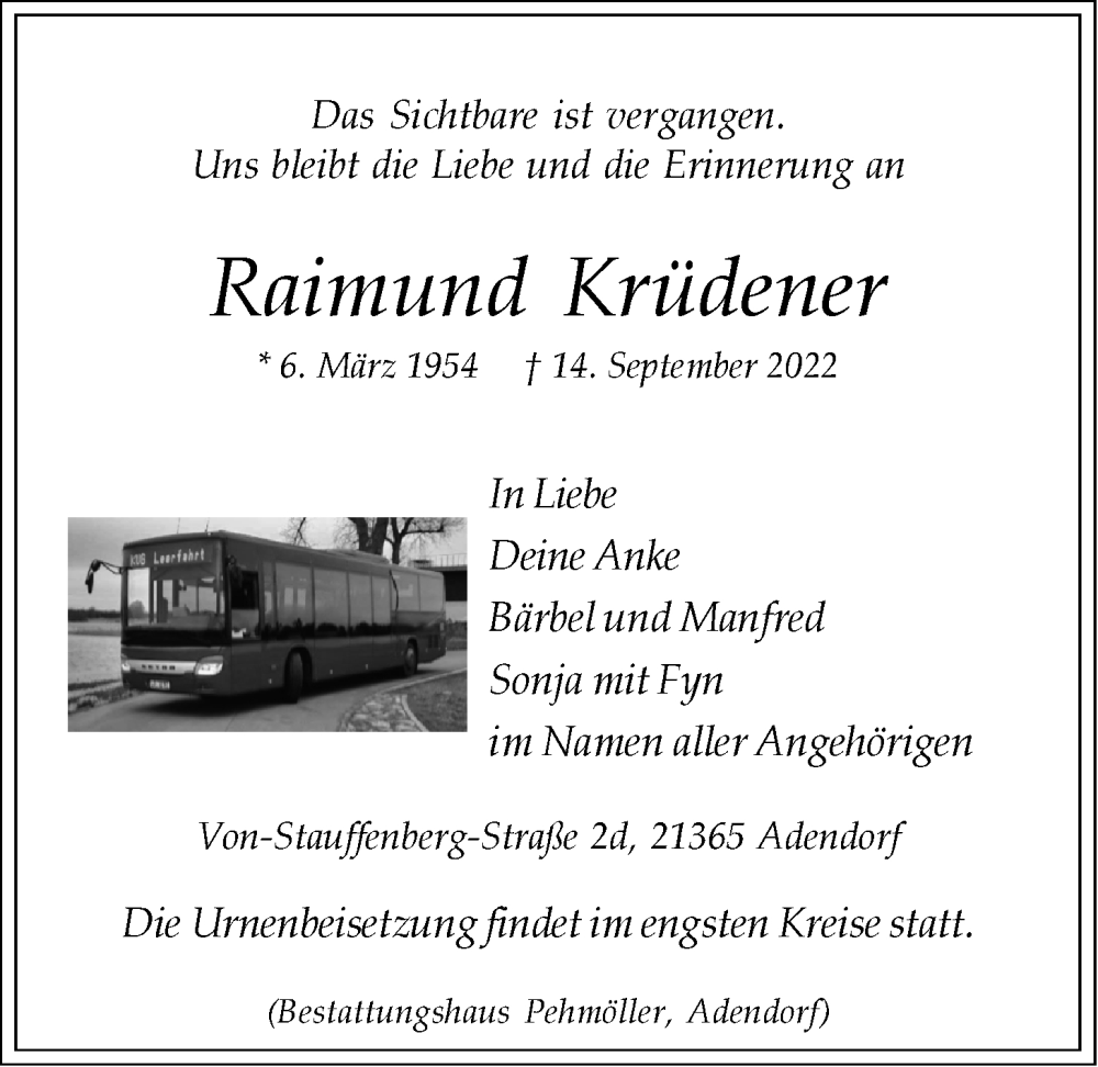  Traueranzeige für Raimund Krüdener vom 17.09.2022 aus LZ