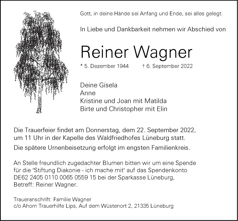  Traueranzeige für Reiner Wagner vom 17.09.2022 aus LZ