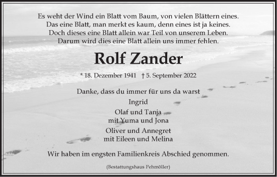 Anzeige von Rolf Zander von LZ