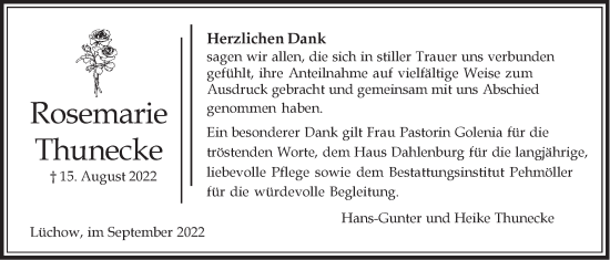 Anzeige von Rosemarie Thunecke von LZ