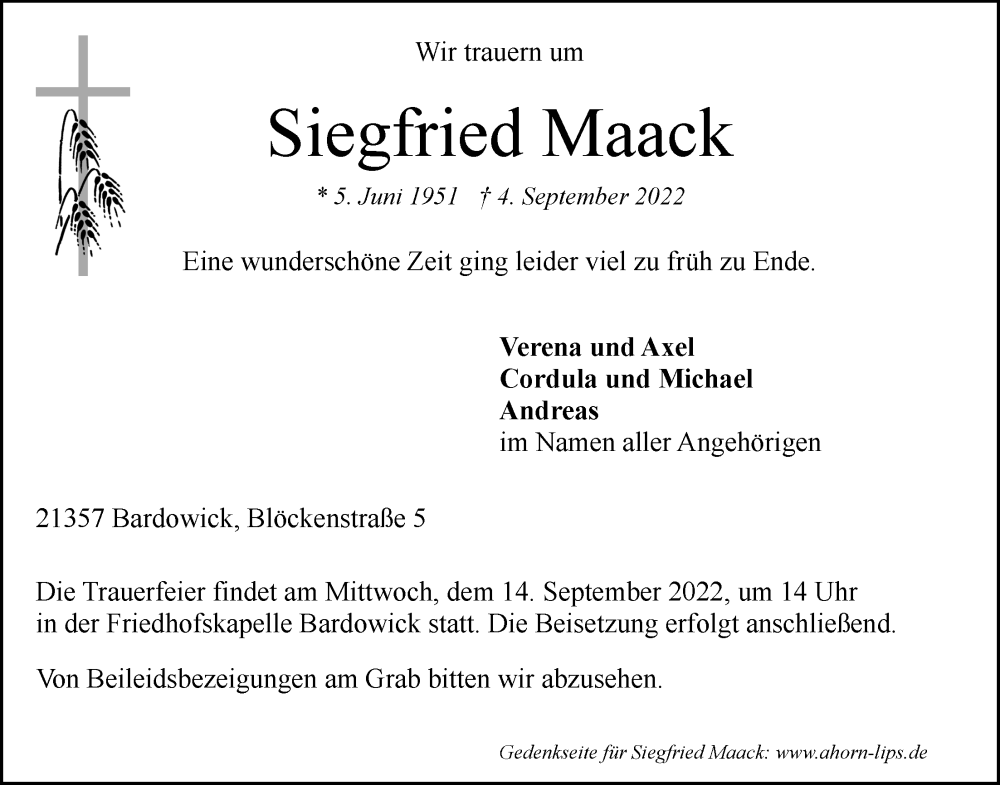  Traueranzeige für Siegfried Maack vom 10.09.2022 aus LZ