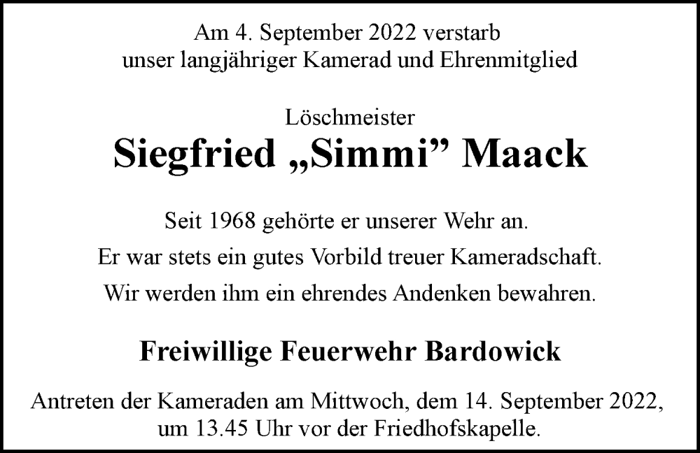  Traueranzeige für Siegfried Maack vom 10.09.2022 aus LZ