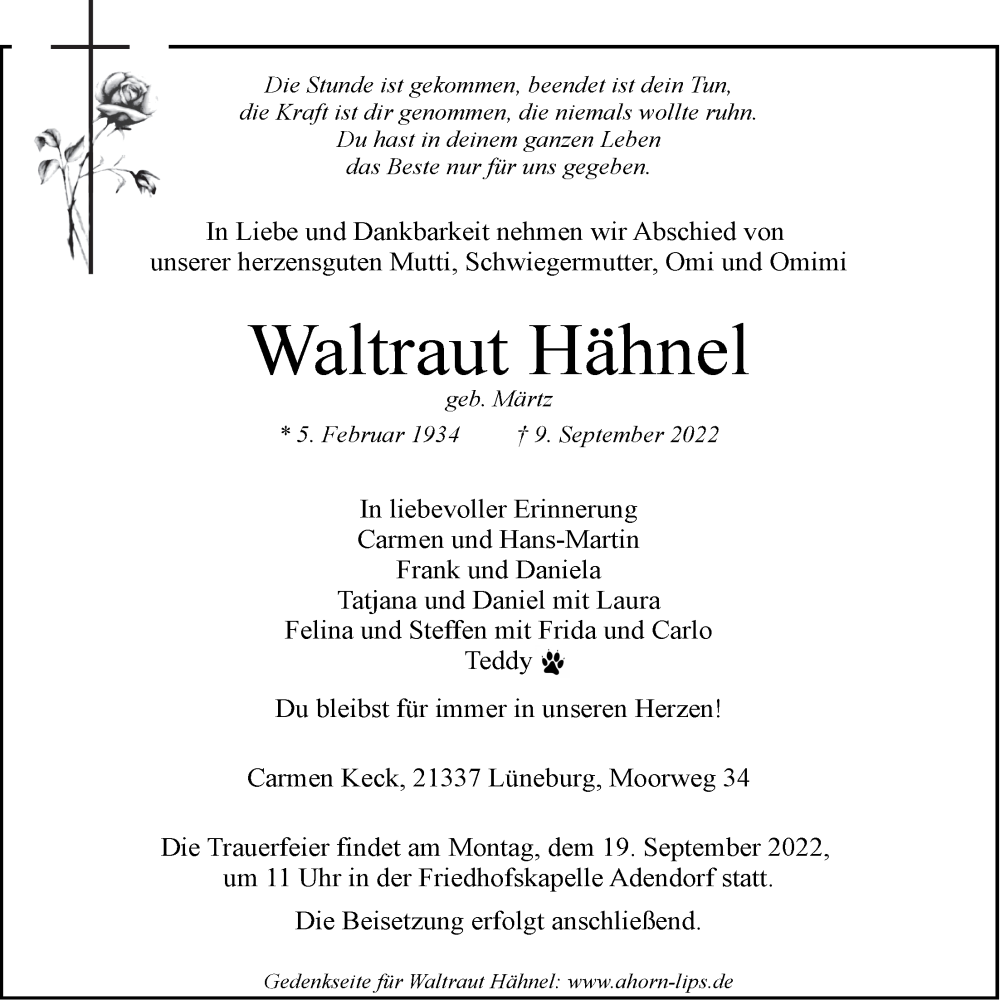  Traueranzeige für Waltraut Hähnel vom 14.09.2022 aus LZ