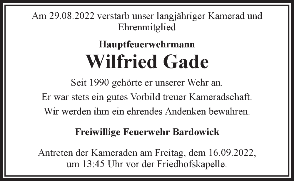  Traueranzeige für Wilfried Gade vom 10.09.2022 aus LZ