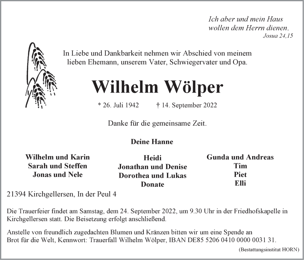  Traueranzeige für Wilhelm Wölper vom 17.09.2022 aus LZ