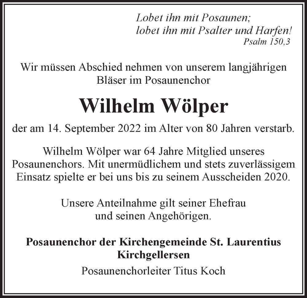  Traueranzeige für Wilhelm Wölper vom 21.09.2022 aus LZ
