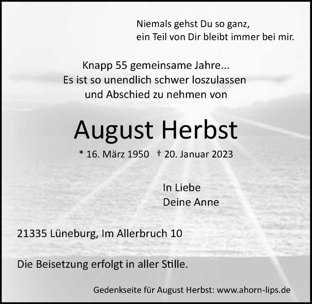  Traueranzeige für August Herbst vom 28.01.2023 aus LZ