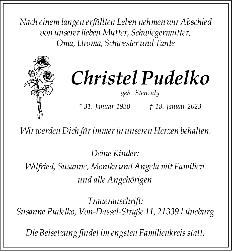  Traueranzeige für Christel Pudelko vom 21.01.2023 aus LZ