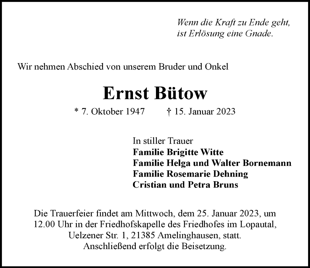  Traueranzeige für Ernst Bütow vom 21.01.2023 aus LZ