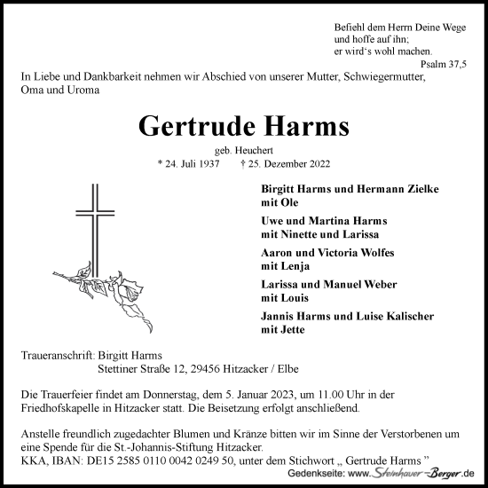 Anzeige von Gertrude Harms von LZ
