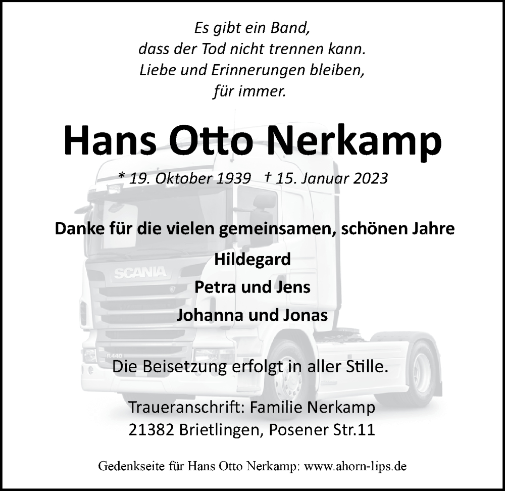  Traueranzeige für Hans Otto Nerkamp vom 21.01.2023 aus LZ