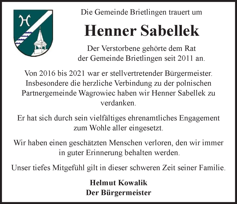  Traueranzeige für Henner Sabellek vom 31.12.2022 aus LZ