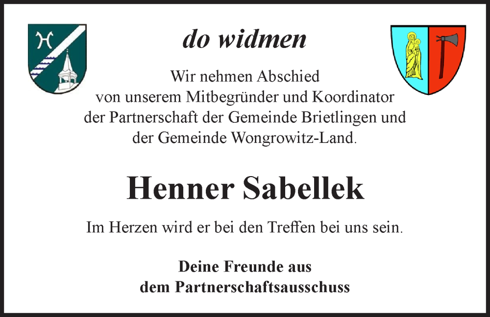  Traueranzeige für Henner Sabellek vom 31.12.2022 aus LZ