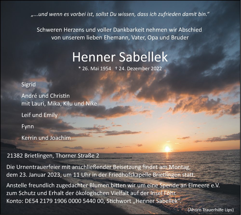  Traueranzeige für Henner Sabellek vom 31.12.2022 aus LZ