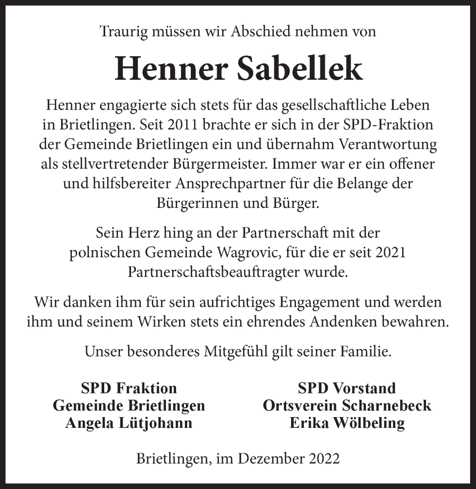  Traueranzeige für Henner Sabellek vom 31.12.2022 aus LZ