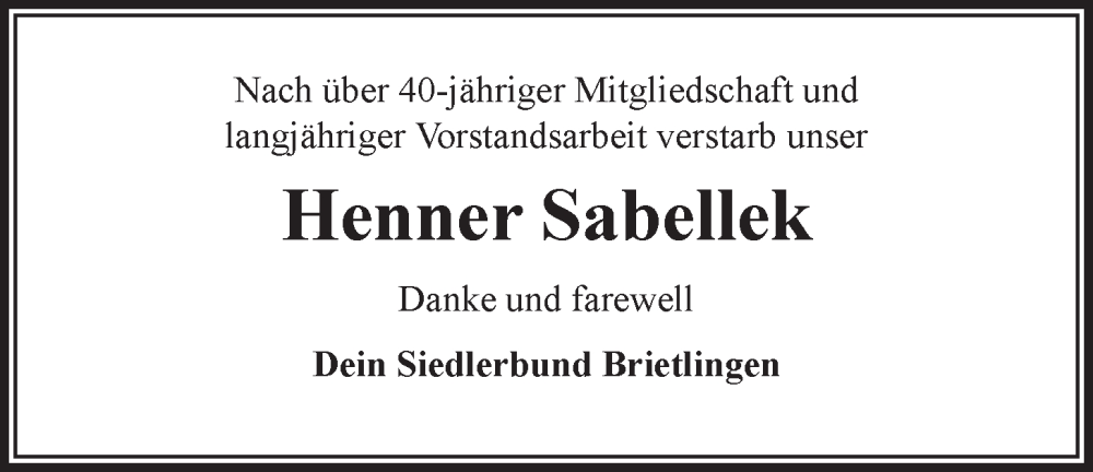  Traueranzeige für Henner Sabellek vom 31.12.2022 aus LZ