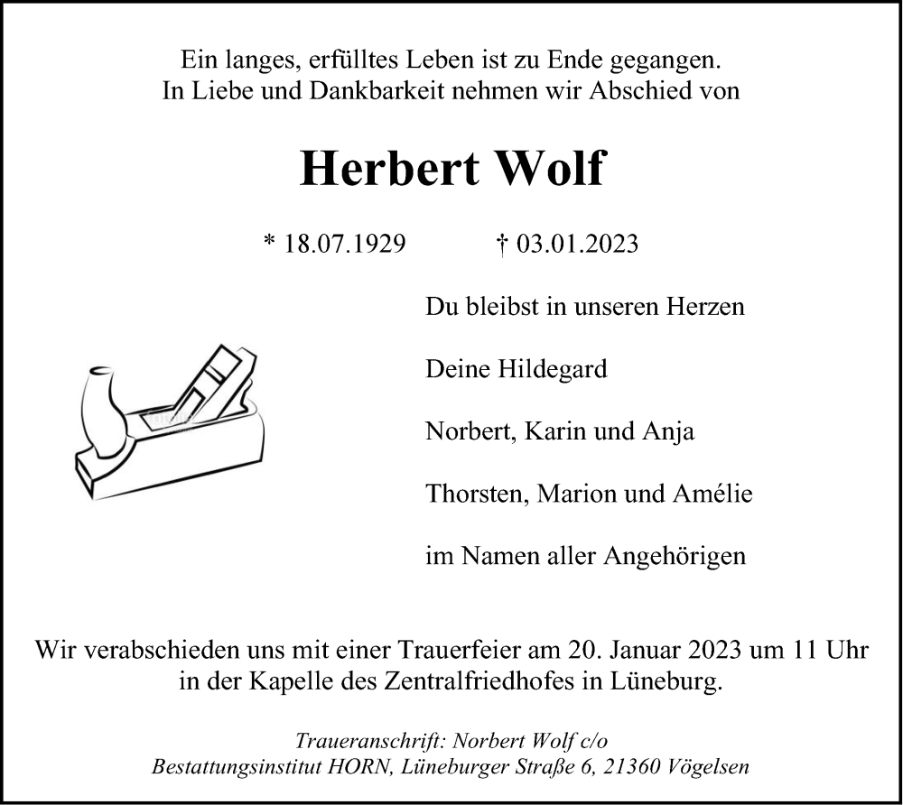  Traueranzeige für Herbert Wolf vom 14.01.2023 aus LZ