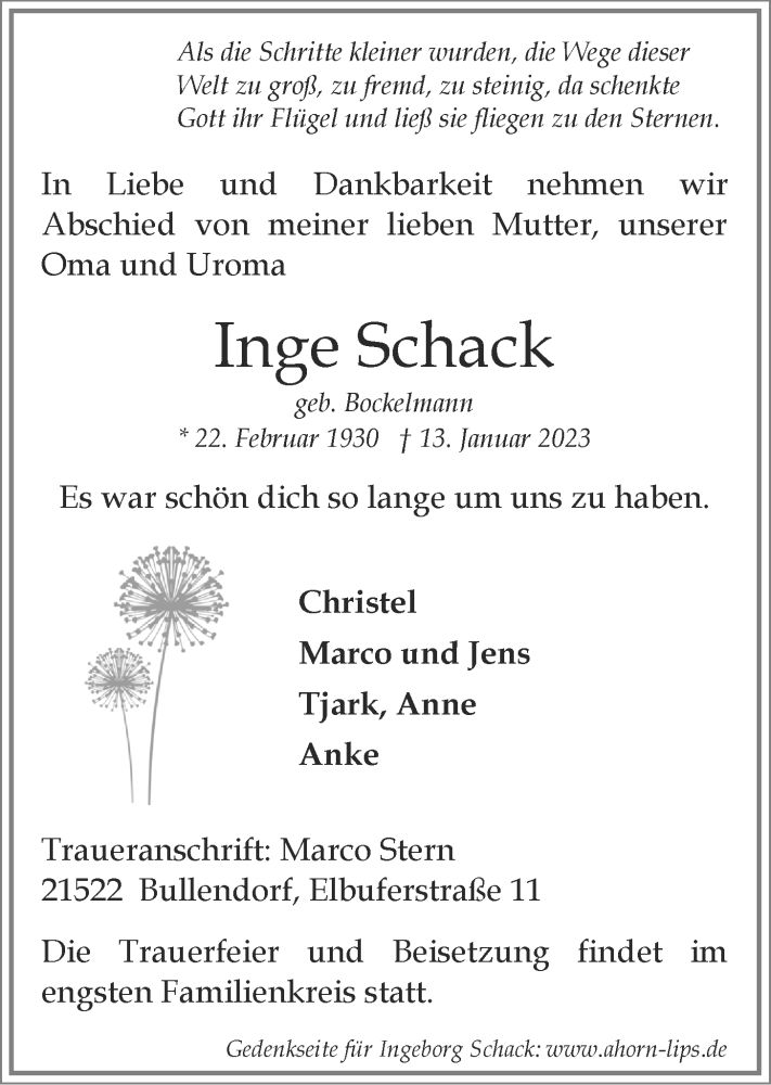  Traueranzeige für Inge Schack vom 18.01.2023 aus LZ