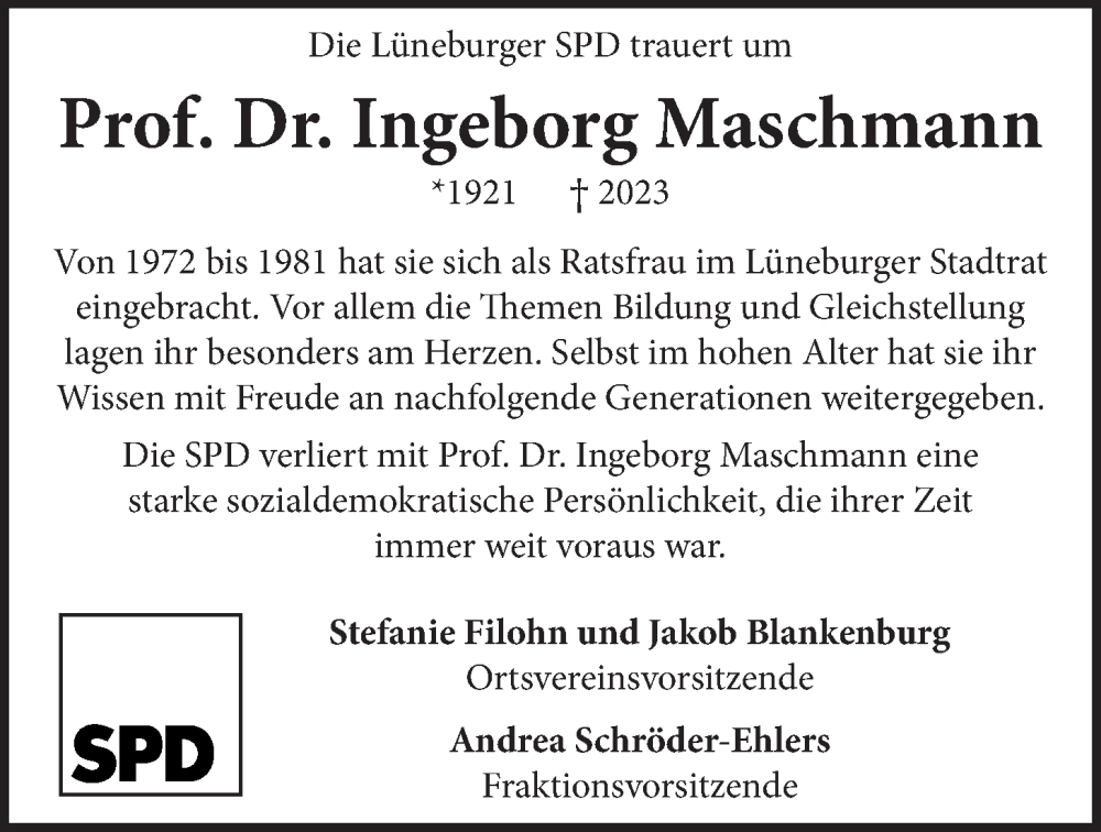  Traueranzeige für Ingeborg Maschmann vom 14.01.2023 aus LZ