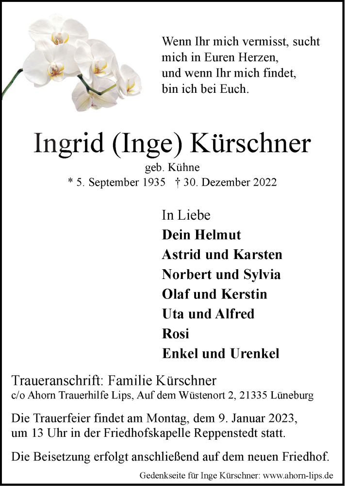  Traueranzeige für Ingrid Kürschner vom 04.01.2023 aus LZ