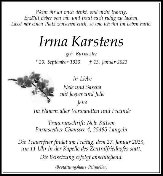 Anzeige von Irma Karstens von LZ
