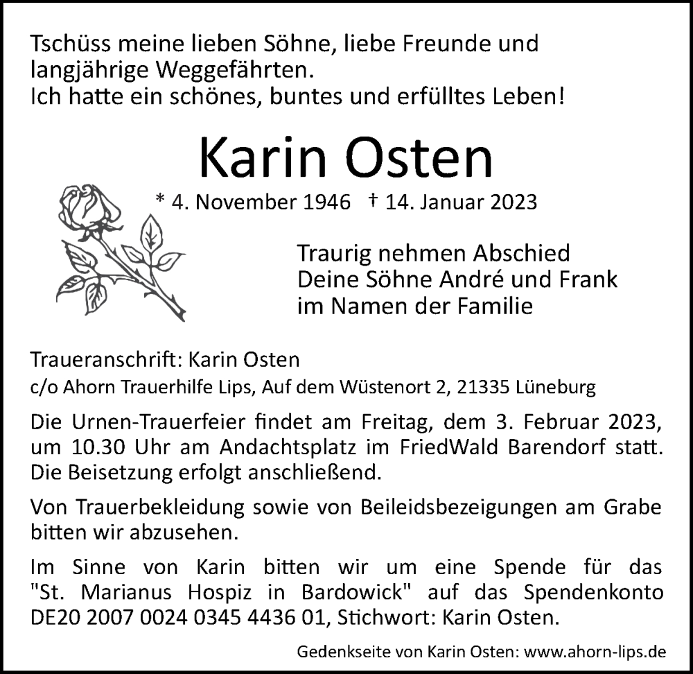  Traueranzeige für Karin Osten vom 21.01.2023 aus LZ