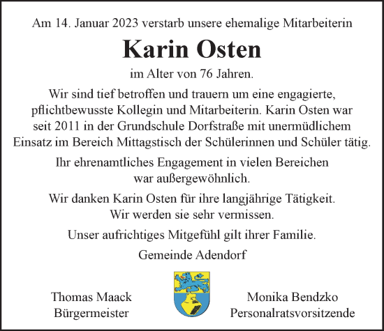 Anzeige von Karin Osten von LZ