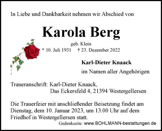 Anzeige von Karola Berg von LZ