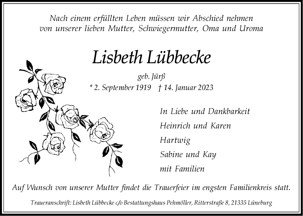  Traueranzeige für Lisbeth Lübbecke vom 21.01.2023 aus LZ