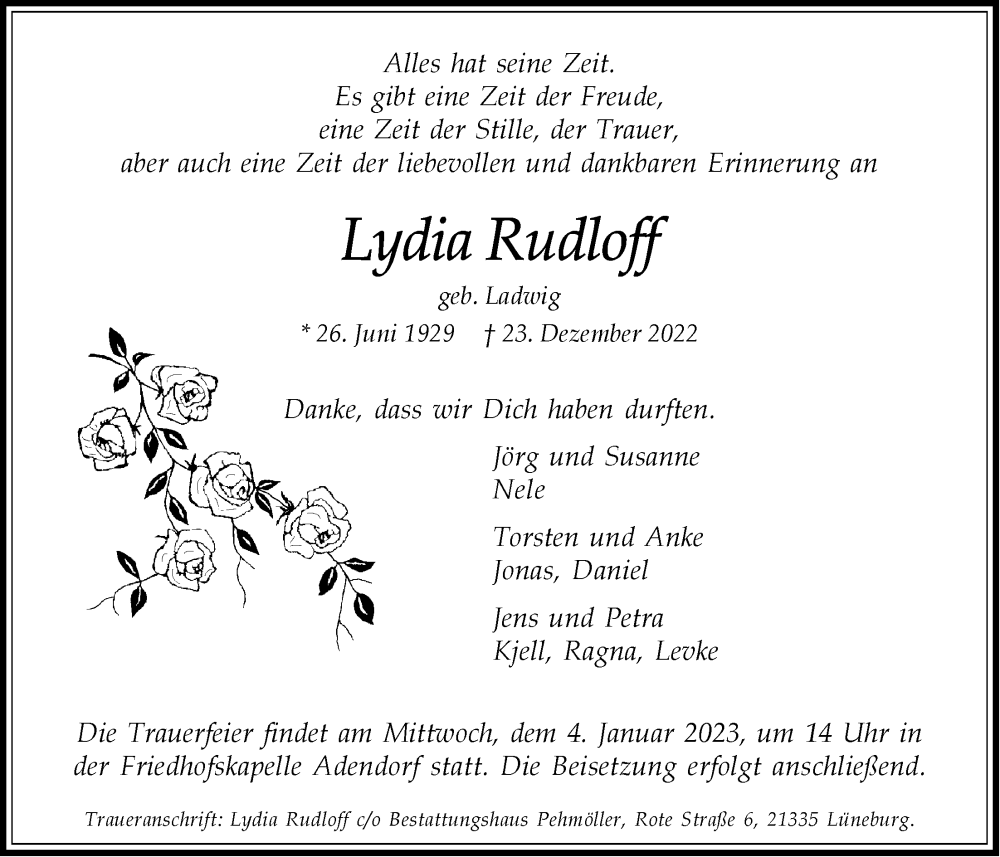  Traueranzeige für Lydia Rudloff vom 31.12.2022 aus LZ
