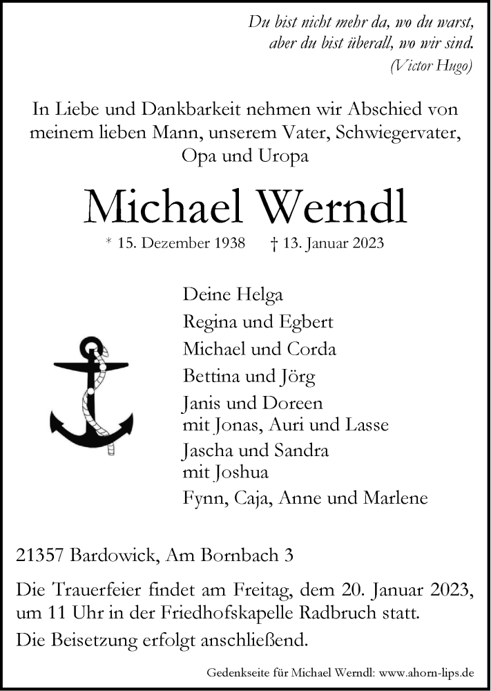  Traueranzeige für Michael Werndl vom 14.01.2023 aus LZ