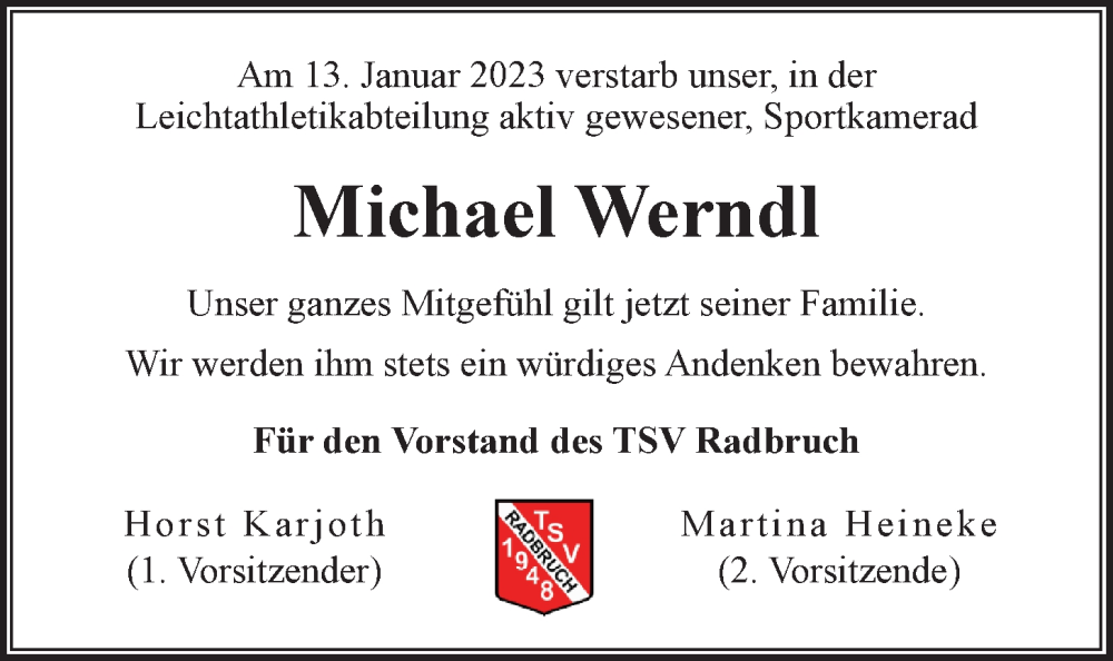  Traueranzeige für Michael Werndl vom 21.01.2023 aus LZ
