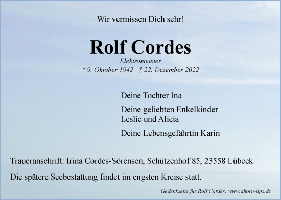 Anzeige von Rolf Cordes von LZ