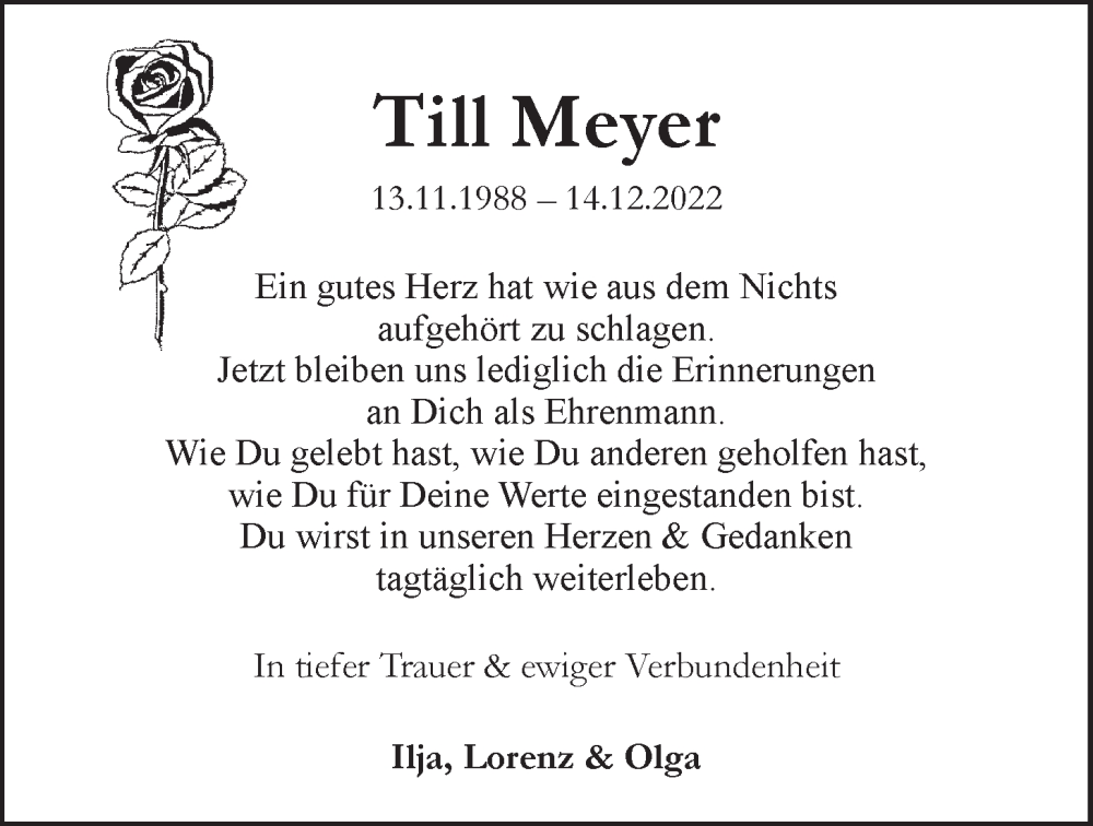  Traueranzeige für Till Meyer vom 31.12.2022 aus LZ