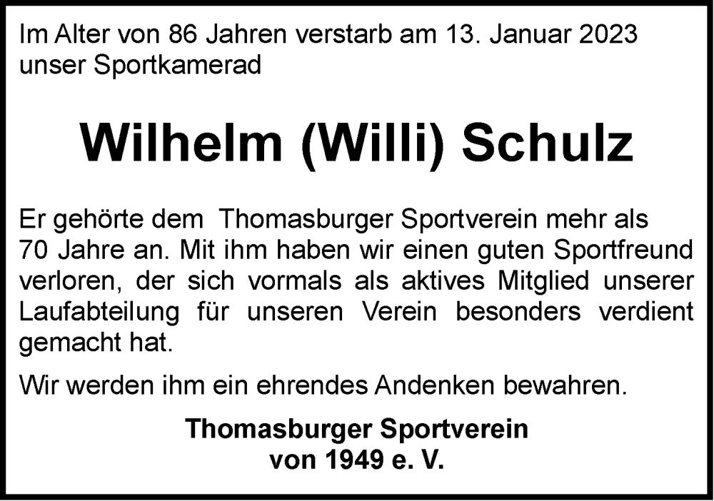 Traueranzeige für Wilhelm Schulz vom 19.01.2023 aus LZ