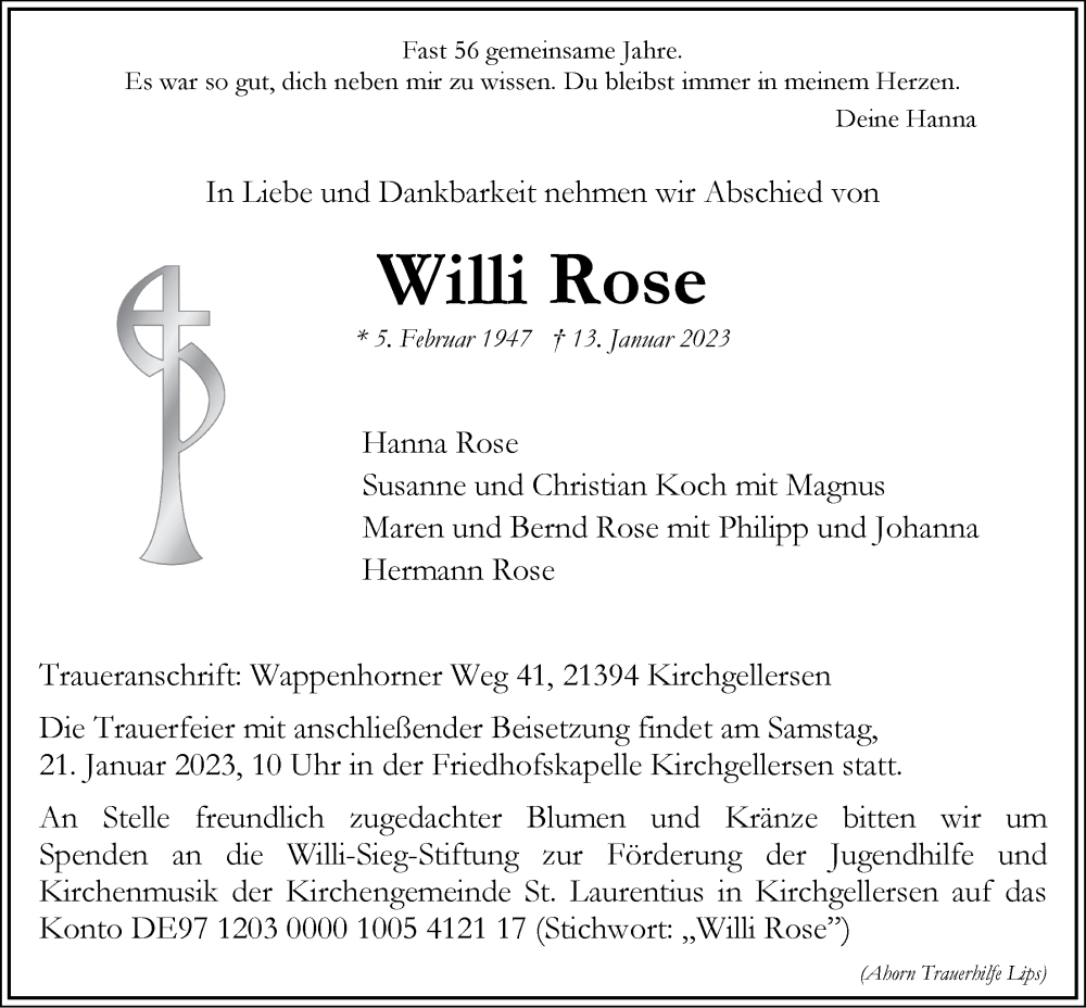  Traueranzeige für Willi Rose vom 18.01.2023 aus LZ