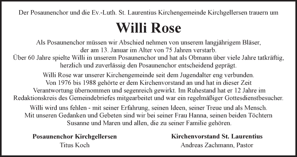  Traueranzeige für Willi Rose vom 21.01.2023 aus LZ