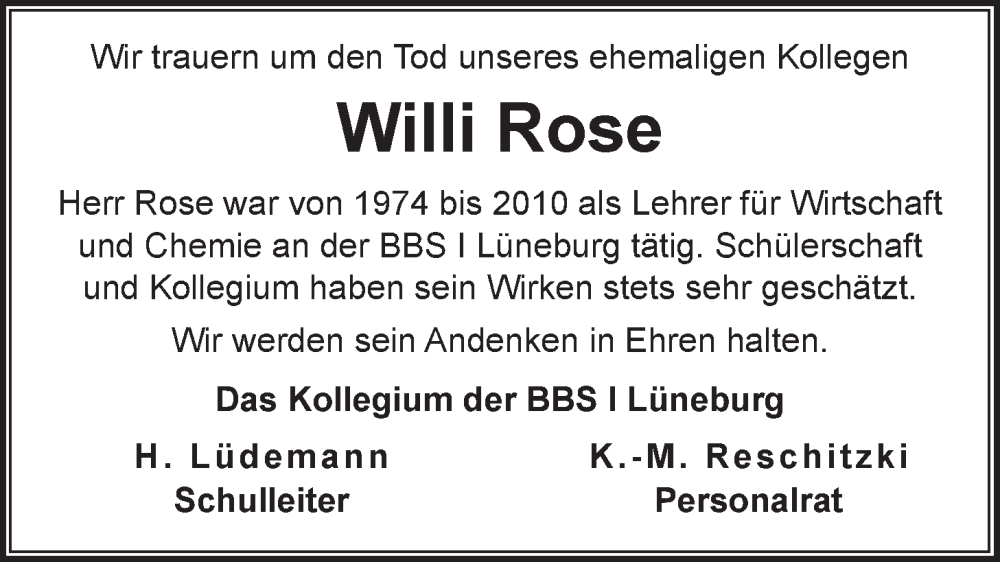  Traueranzeige für Willi Rose vom 20.01.2023 aus LZ