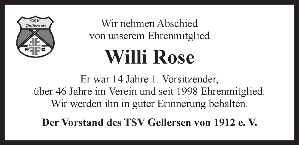  Traueranzeige für Willi Rose vom 19.01.2023 aus LZ