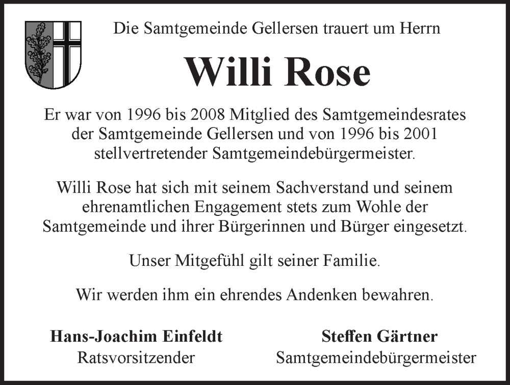  Traueranzeige für Willi Rose vom 19.01.2023 aus LZ