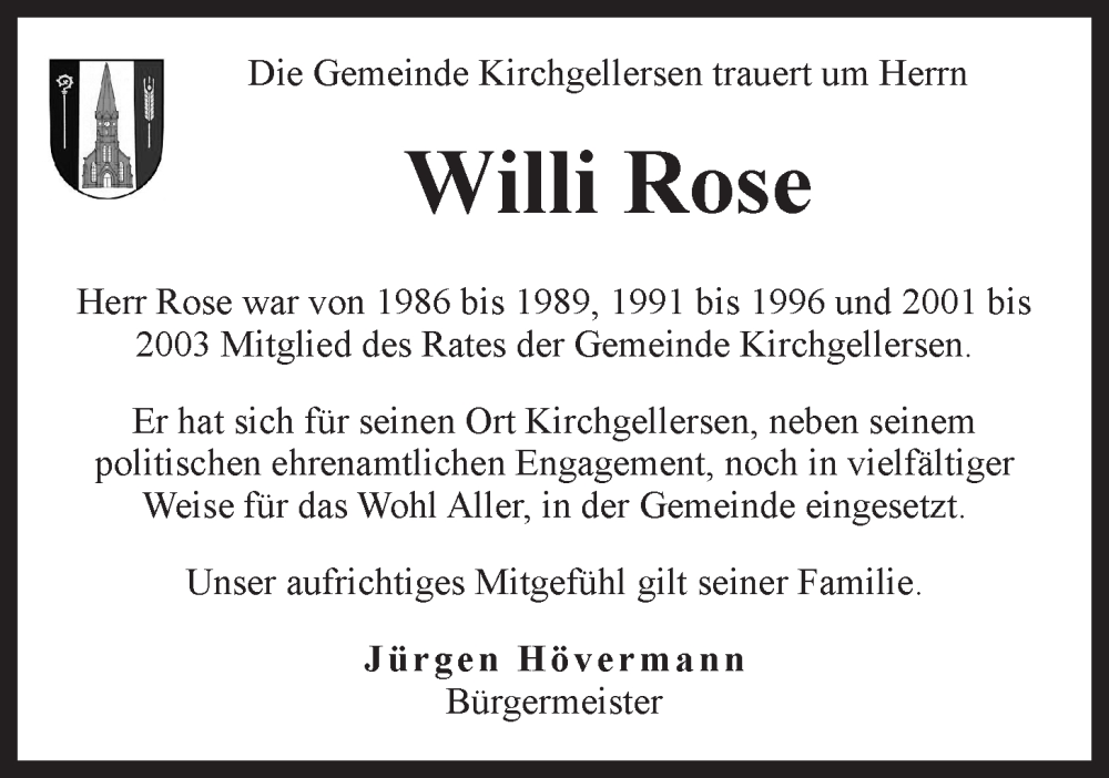  Traueranzeige für Willi Rose vom 19.01.2023 aus LZ