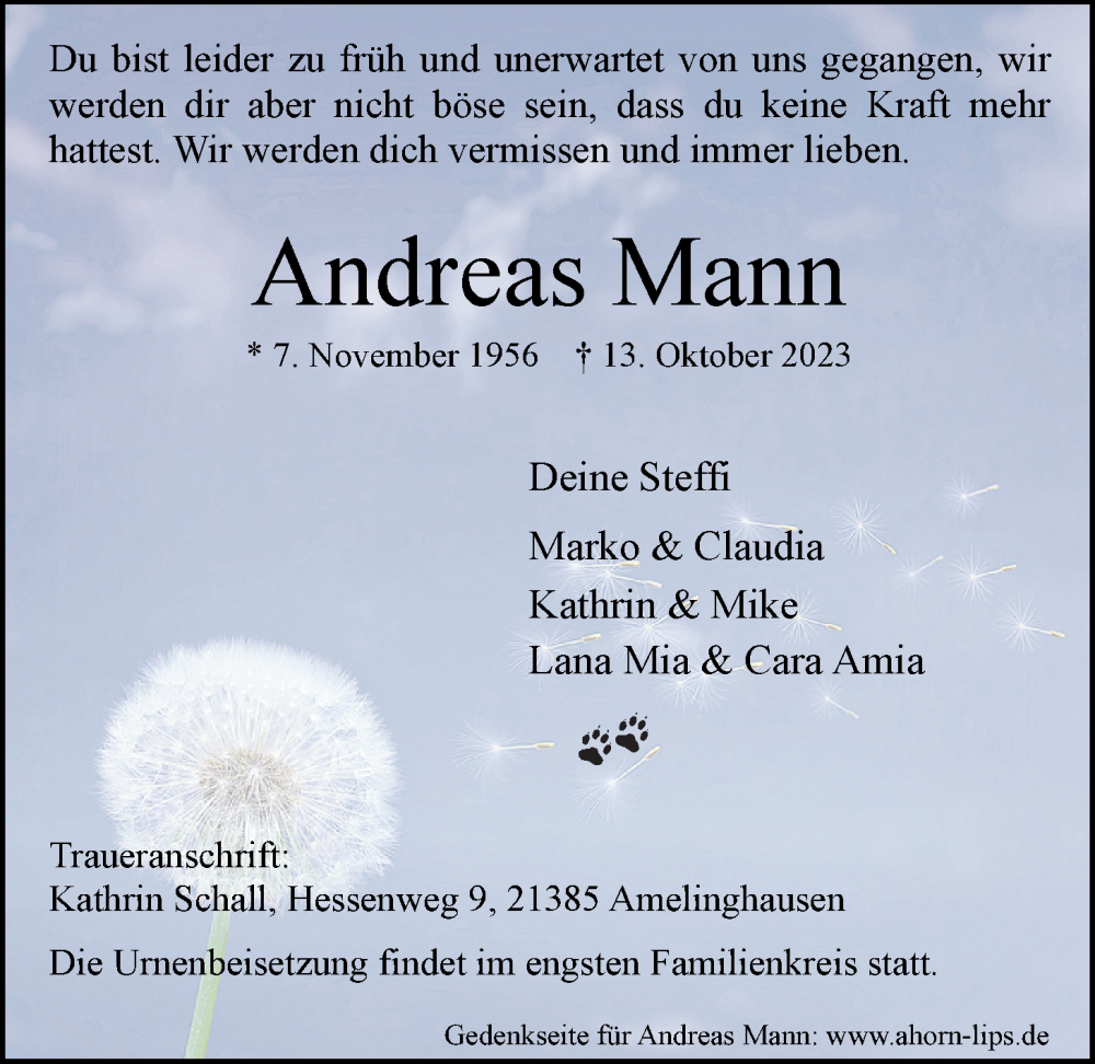  Traueranzeige für Andreas Mann vom 28.10.2023 aus LZ