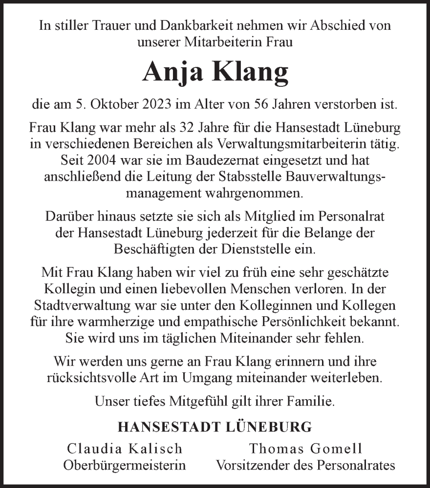 Traueranzeige für Anja Klang vom 14.10.2023 aus LZ