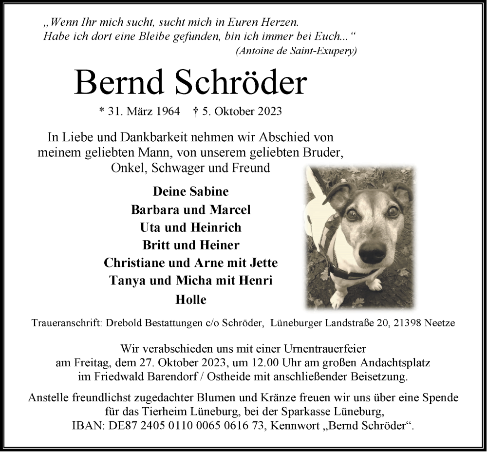  Traueranzeige für Bernd Schröder vom 21.10.2023 aus LZ